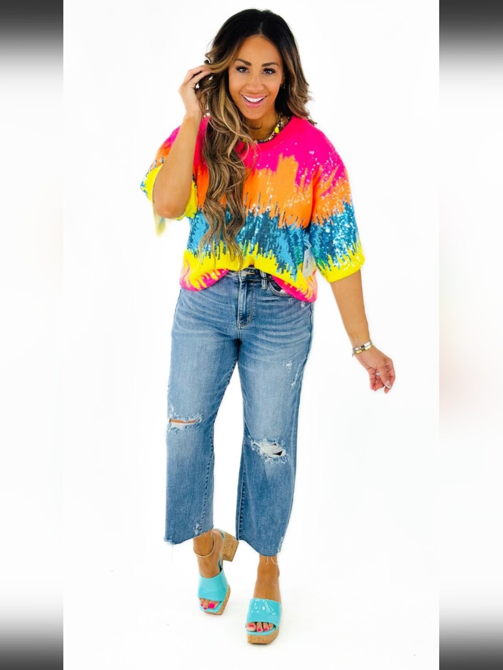 Main Strip Boxy Neon Sequin Stripe Statement Top L